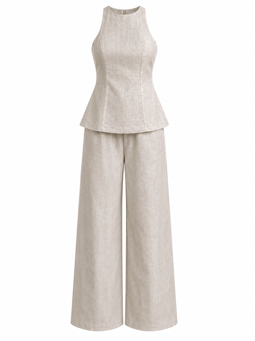 Natural Linen Sleeveless Top & Wide-Leg Pants Set